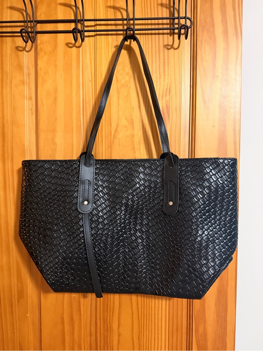 Textured Black Woven Tote Bag for Women
